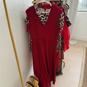 Red Pleated V-Neck Jumpsuit